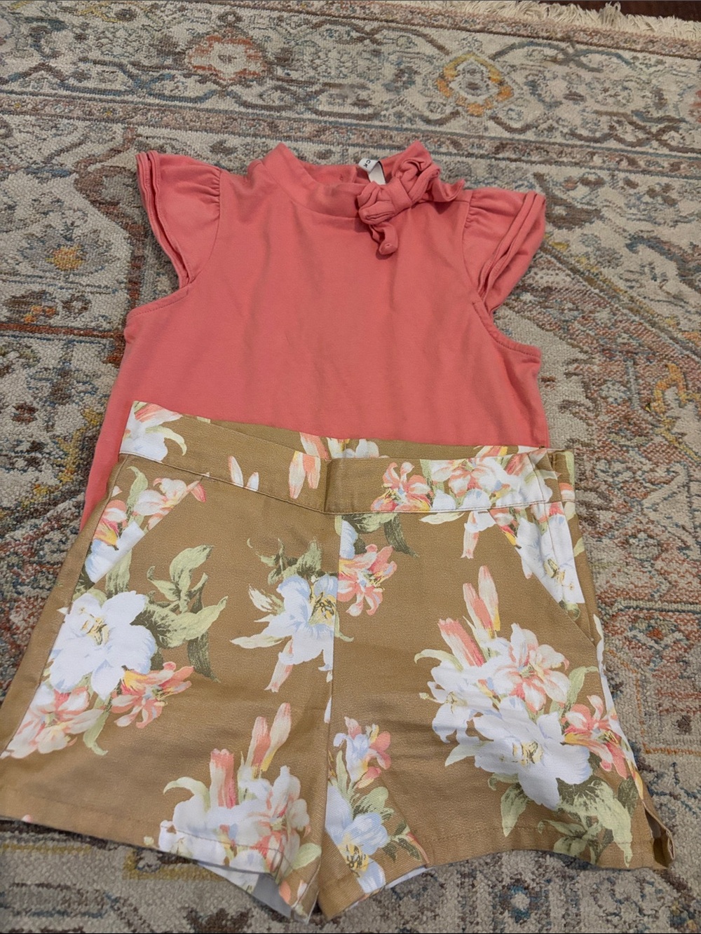 Janie and Jack Coral Top with Tan Floral Shorts
